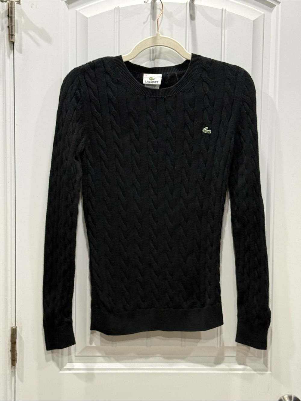 Lacoste Women’s Size 38 Black 100% Cotton Cable Knit Crewneck Sweater EUC